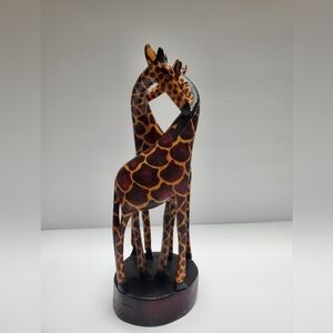 Vintage African Wood Double Giraffe Hand-Carved, Hand Painted Sculpture